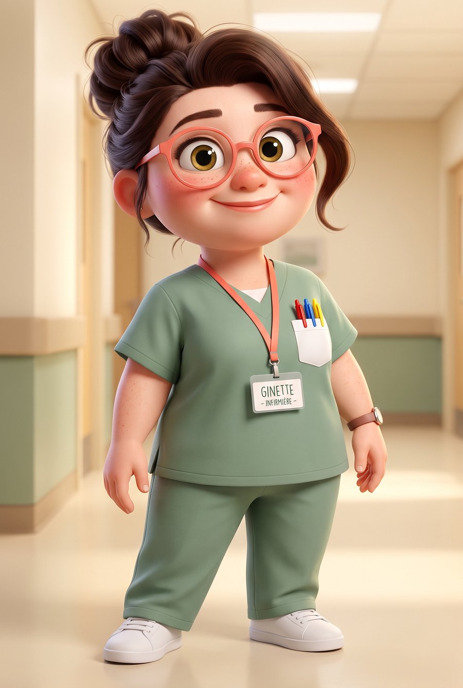 Ginette, the ClinicalWriterAI mascot nurse, smiling in a hospital corridor